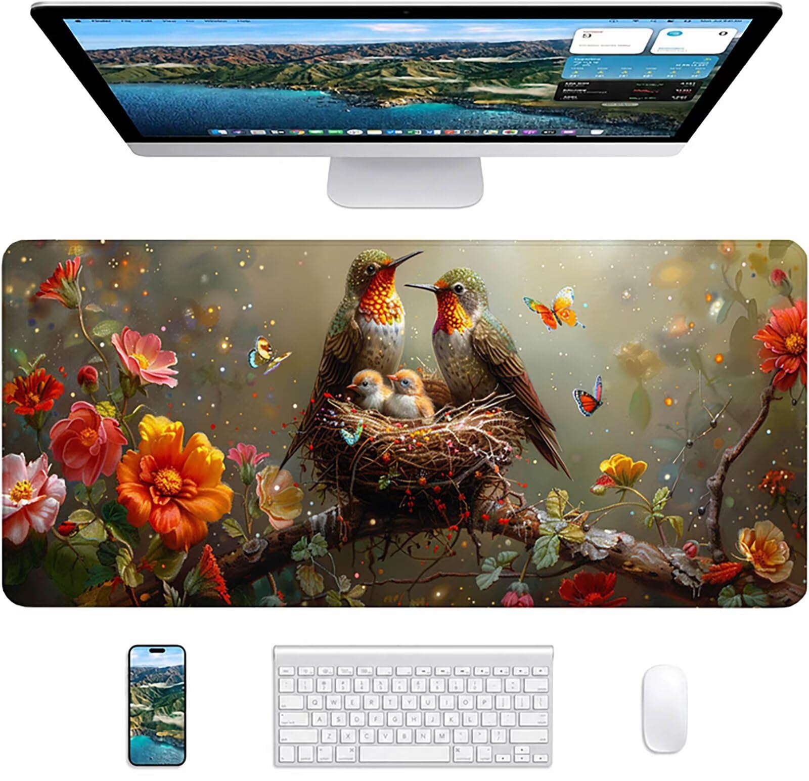 Tapis de Souris Gaming Papillon, Tapis de Souris XXL 1200x600x3mm, Tapis de Bureau avec Bords Cousus, Mouse Pad Améliorer Précision et Vitesse, Accessoire Bureau et Gaming Accessoire, Oiseau 8-2546