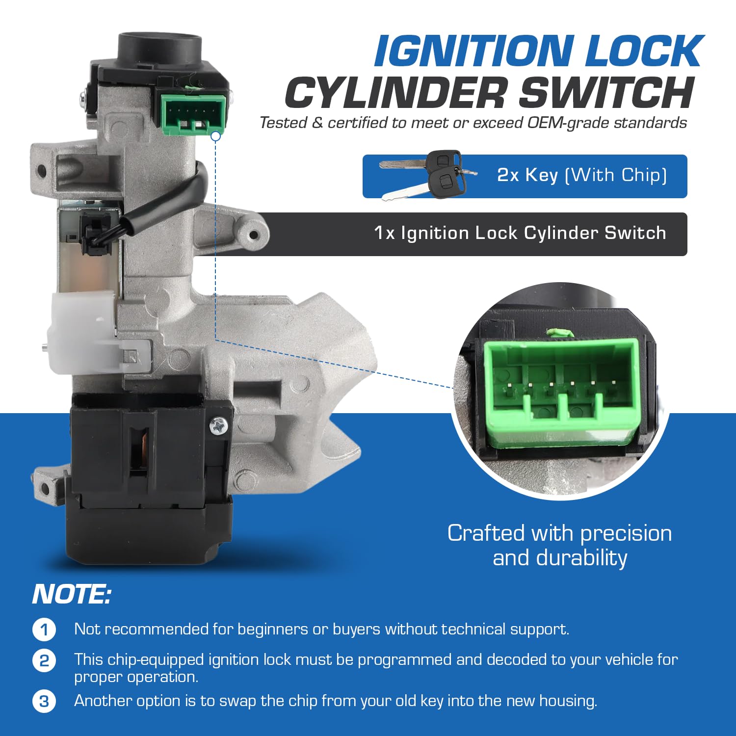 Ignition Switch Lock Cylinder w/2 Chip Keys Compatible with Honda Civic 1.3L 2003‑2005 & 1.7L 2001‑2005 | Replacement Ignition Barrel Assembly