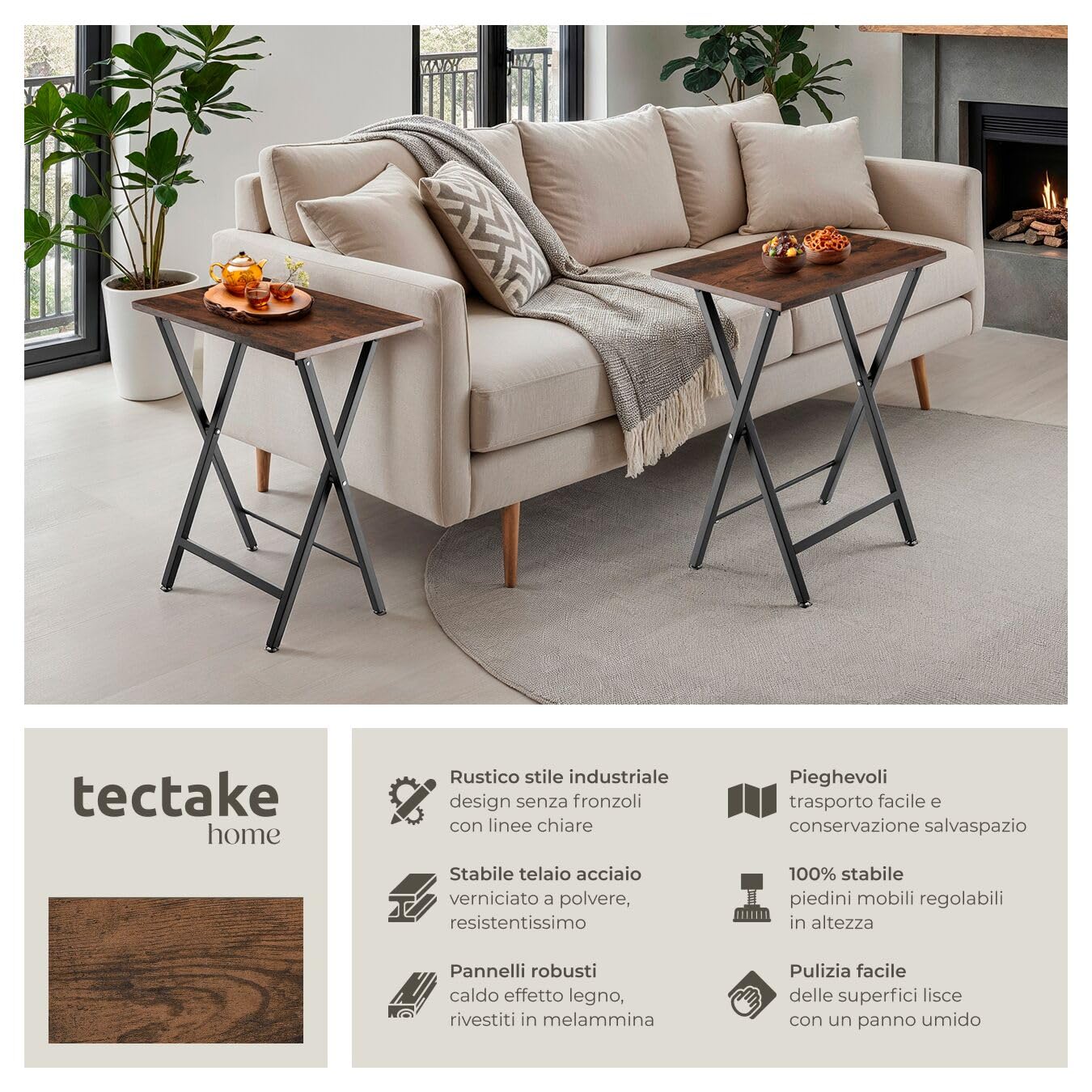 Tectake Phoenix Set di 2 tavolini, truciolato effetto legno, telaio acciaio scuro