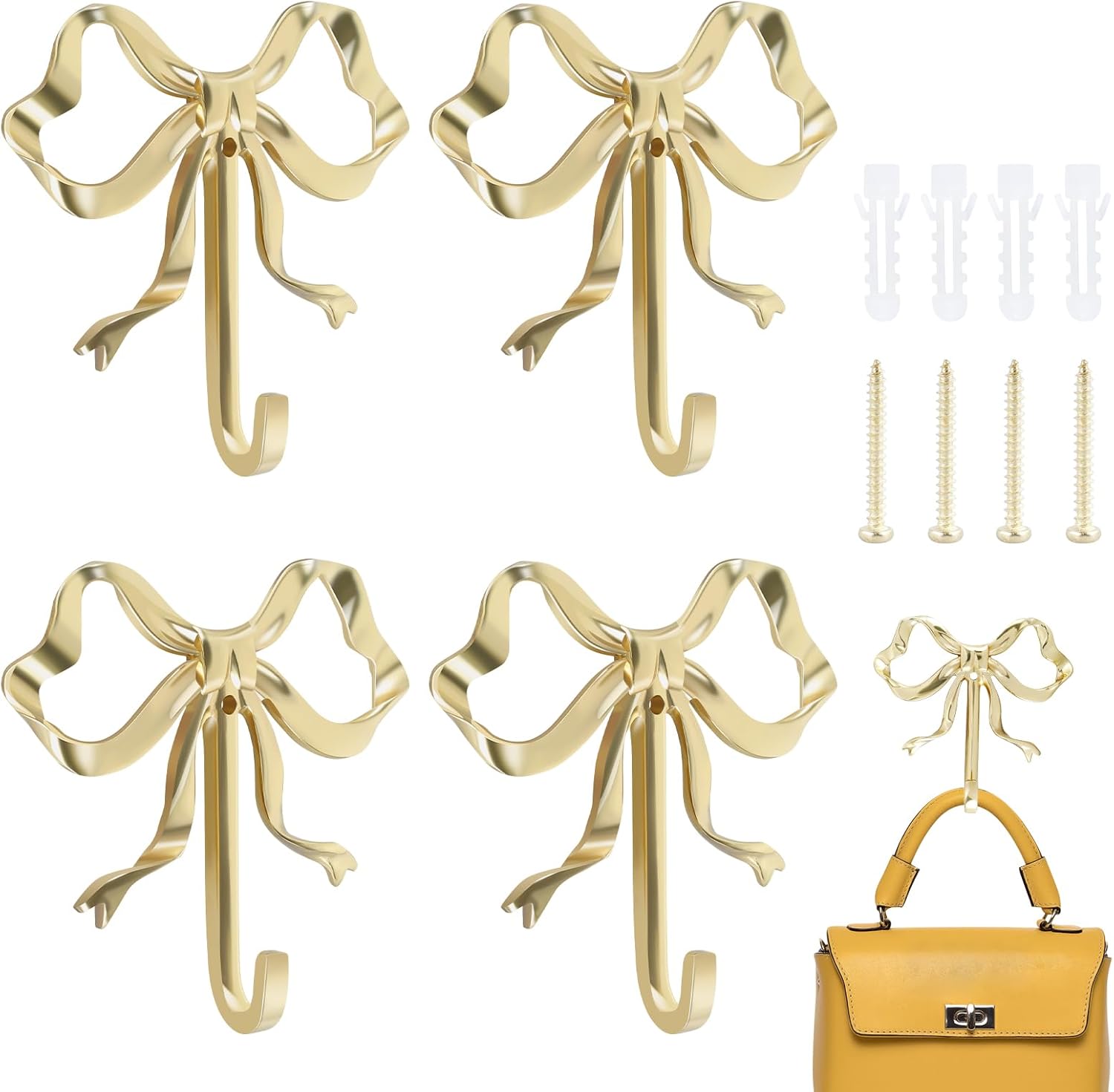 4Pcs Bow Hook Decorative Bow Hanger Sturdy Brass Towel Hook Multipurpose Bow Shaped Hat Hooks Brass Wall Hook Wall Hanging Towel Hook for Bathroom Bedroom Hat Bag Key US(Style 1)