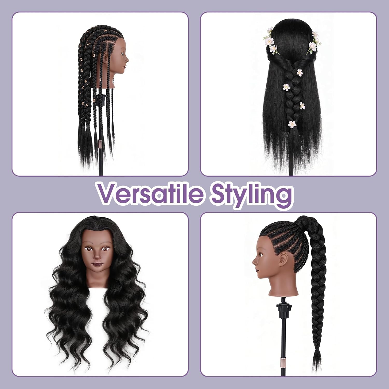 Tête de coiffure, 66 cm, 80 % cheveux naturels, noire, avec pince de table et accessoires, pour couper, tresser et coiffer