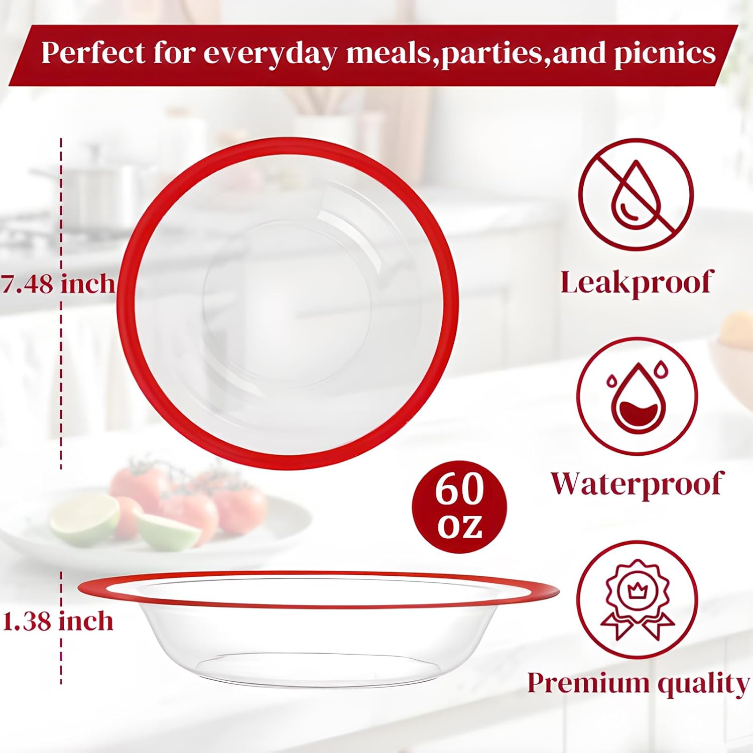 Liacere 60Pcs Red Plastic Bowls - Disposable Clear and Red Dessert Bowls - 12OZ Premium Plastic Soup Bowls for Wedding &Party