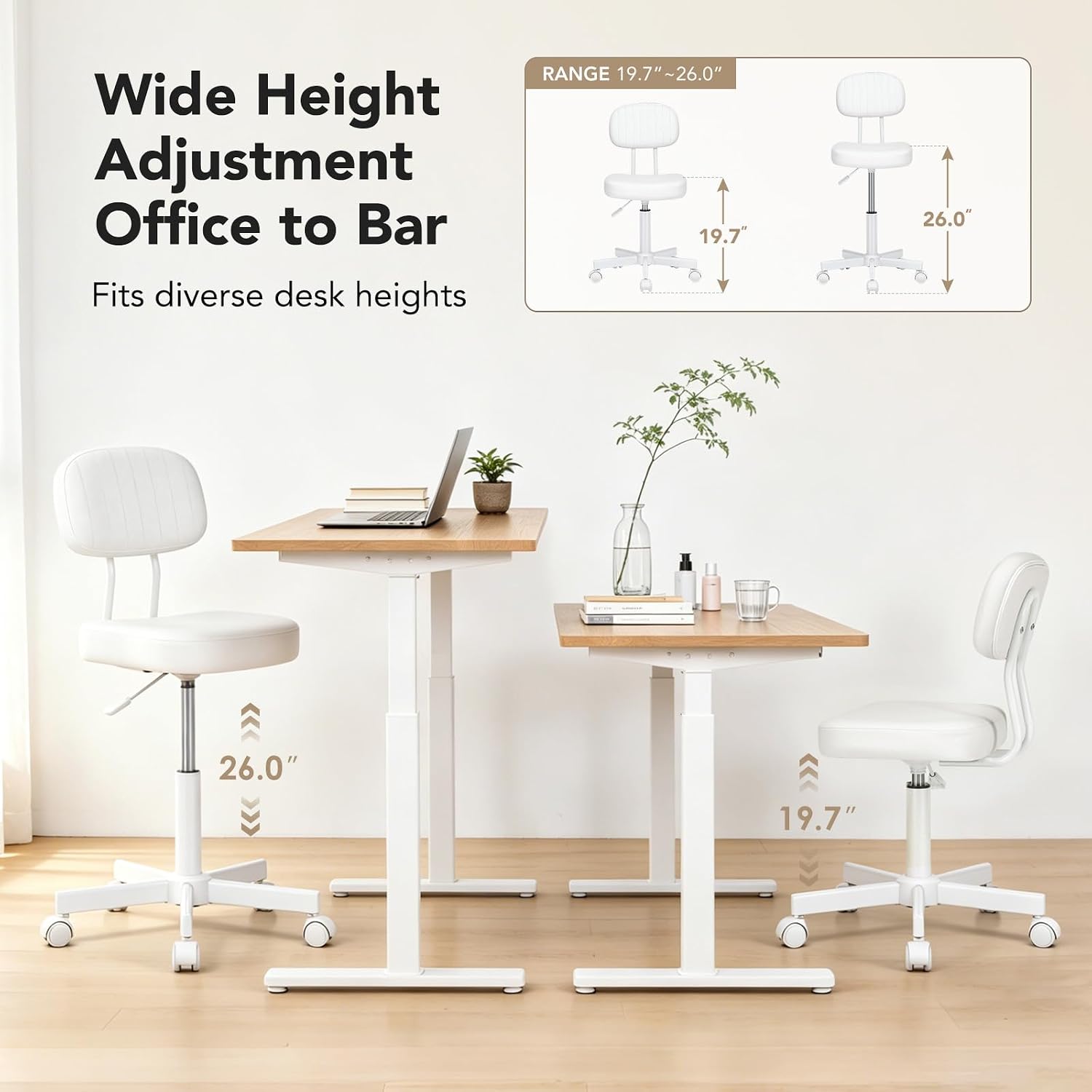 Small Office Chair,Tall Armless Vanity Desk Chair,Stool with Back,White