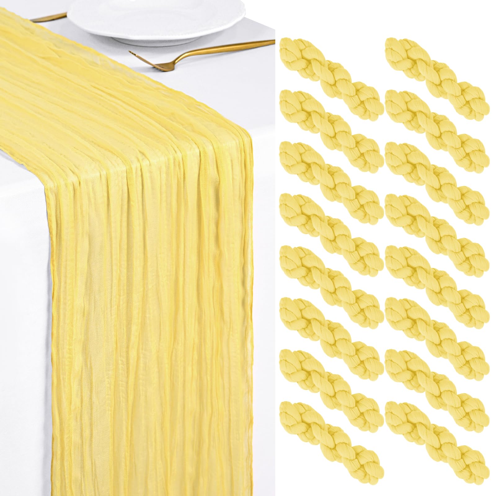 Showgeous Set da 16 Runner da Tavola in Garza Giallo chiaro 45x275cm Runner da Tavola in Garza Stile Boho Romantici e Rustici Decorazioni Trasparenti per Matrimoni Baby Shower Compleanni Feste Casa