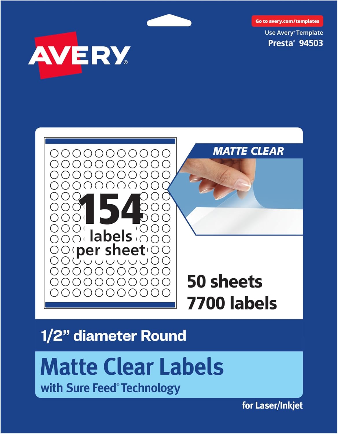 Avery Matte Clear Round Labels, Sure Feed Technology, 0.5" Diameter, 7,700 Matte Clear Labels, Print-to-The-Edge, Laser/Inkjet Printable