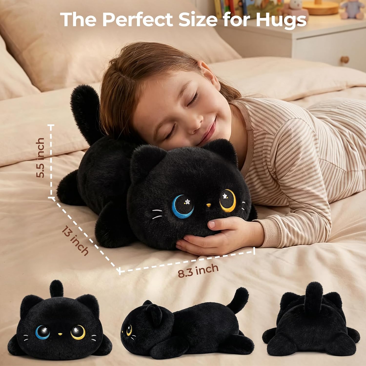 Mewaii Odd-Eyed Black Cat Plush Pillow, Squishy & Huggable Kawaii, 13 in image 2