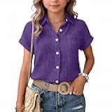 Girls Linen Shirts Short Sleeve Button Down Lapel Plain Pleated Cotton Linen Summer Casual Tops Teen Trendy Cute Blouse