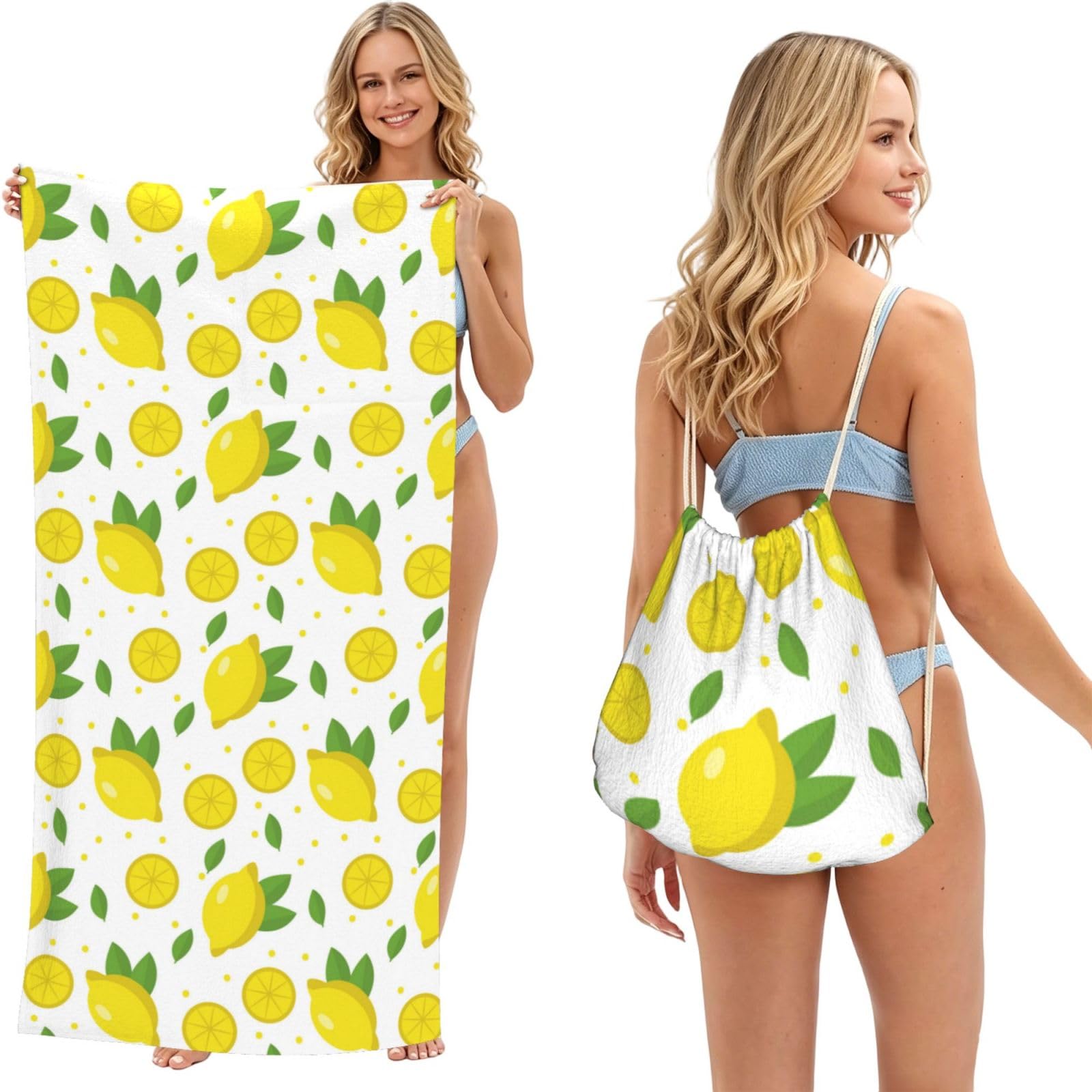 Poadnly As Picture Lemon Fruit Green Yellow, 2 In 1 Packable Towel Bag, Beach Towels With Drawstring Backpack For Travel Holiday Camping