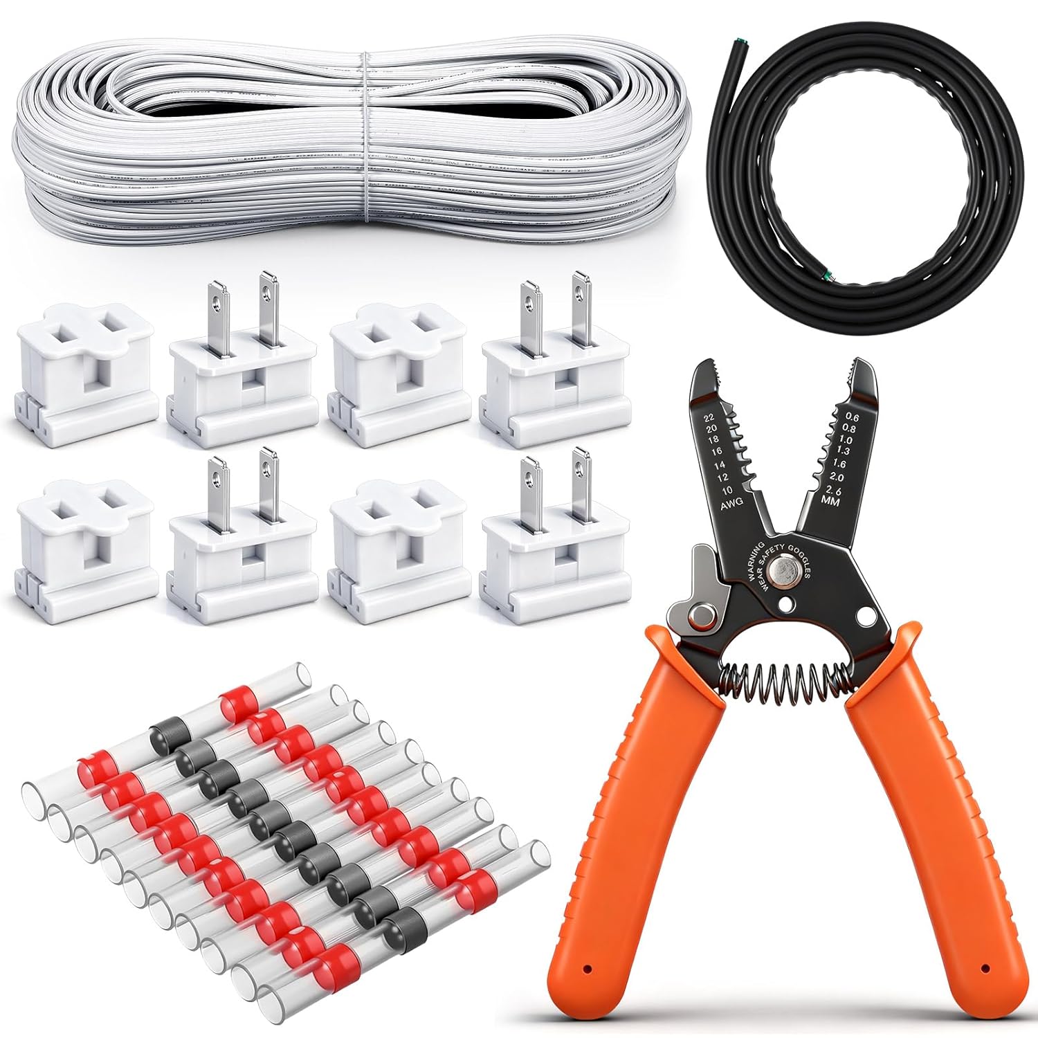 18/2 Christmas SPT-1 Electrical Wire Kit - Christmas 18/2 Landscape Lighting Wire with Strippers Plugs, Heat Shrink Terminals, Heat Shrink Tubing for 2025 Xmas Holiday Outdoor(White,50 ft) White 50 ft