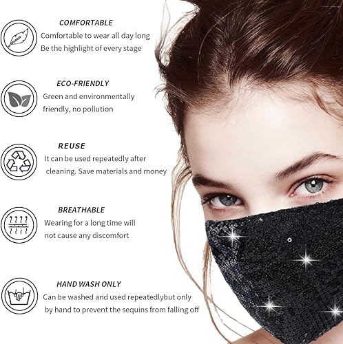 Miniatura 5 de 6 máscaras faciales lavables con purpurina para mujer. Transpirables, reutilizables, ajustables, a la moda, con bolsillo.