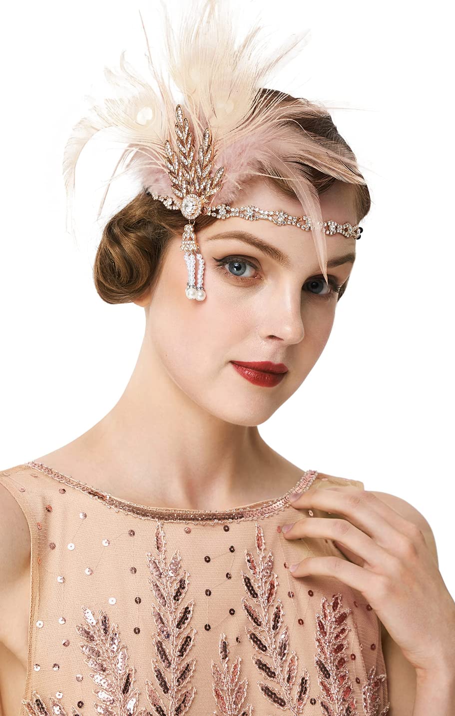 BABEYOND 1920s Flapper Headband Feather Headpiece Roaring 20s Gatsby Hair Accessories for Women (Champagne)