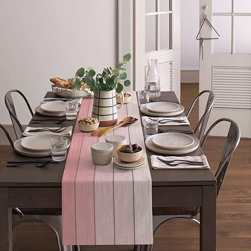 Miniatura 43 de Camino de mesa de algodón y lino estilo granja rústico retro, textura de madera de granero, color degradado marrón y gris, antideslizante,