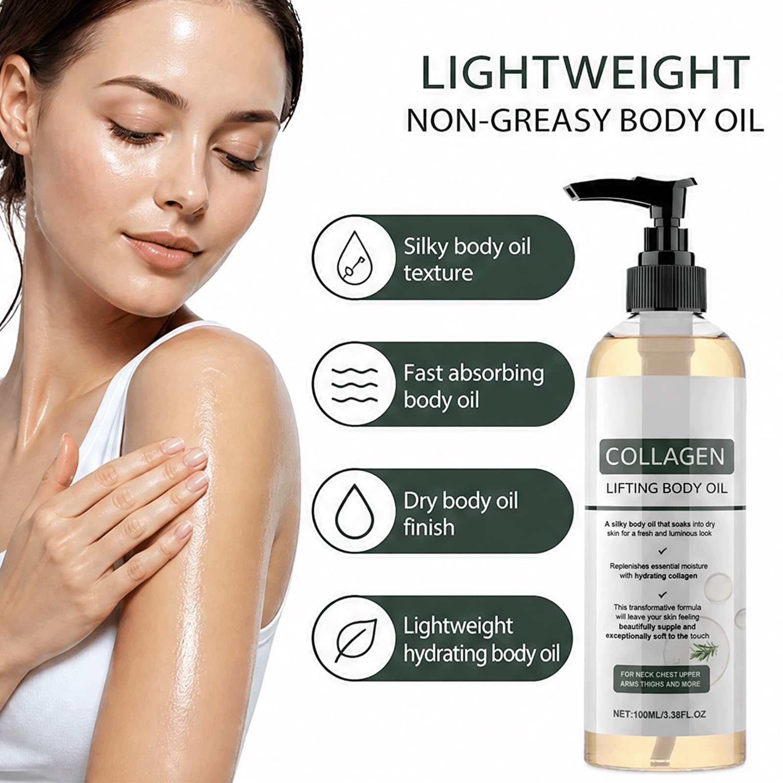 Aceite corporal levantador de colágeno de romero: aceite hidratante para estirar la piel después de la ducha, ayuda a mejorar la firmeza, brillo antienvejecimiento, (5 piezas)