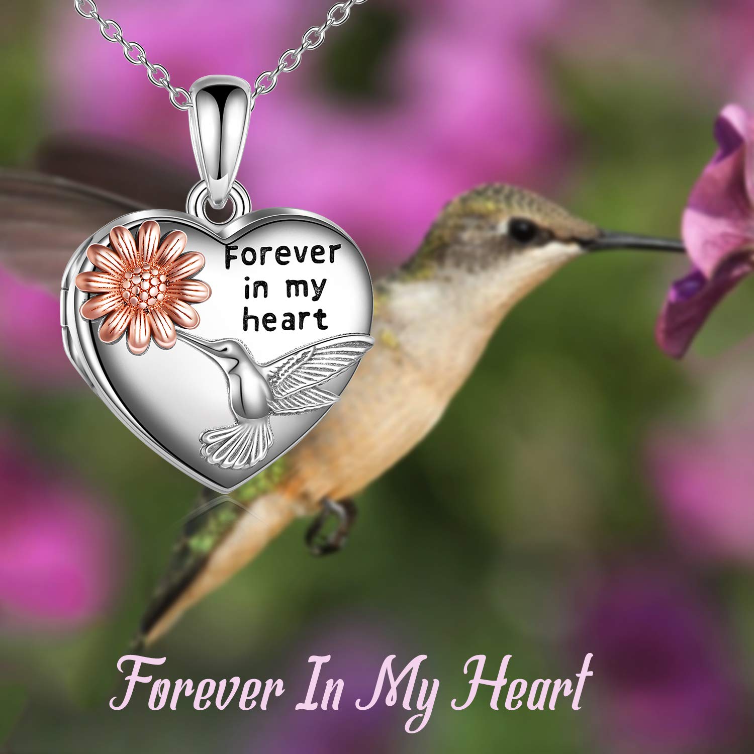 JERWLI Medaglione a forma di cuore in argento 925 girasole colibrì foto medaglione collana gioielli regalo per donne ragazze, Argento sterling