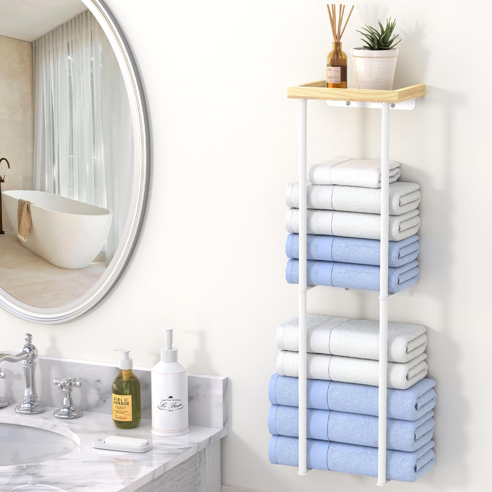 Towel Rack Wall Mounted, 2 Tier Bath Towel Storage Holder with Wooden Shelf, Metal Towel Rack for Small Bathroom Organizer, White