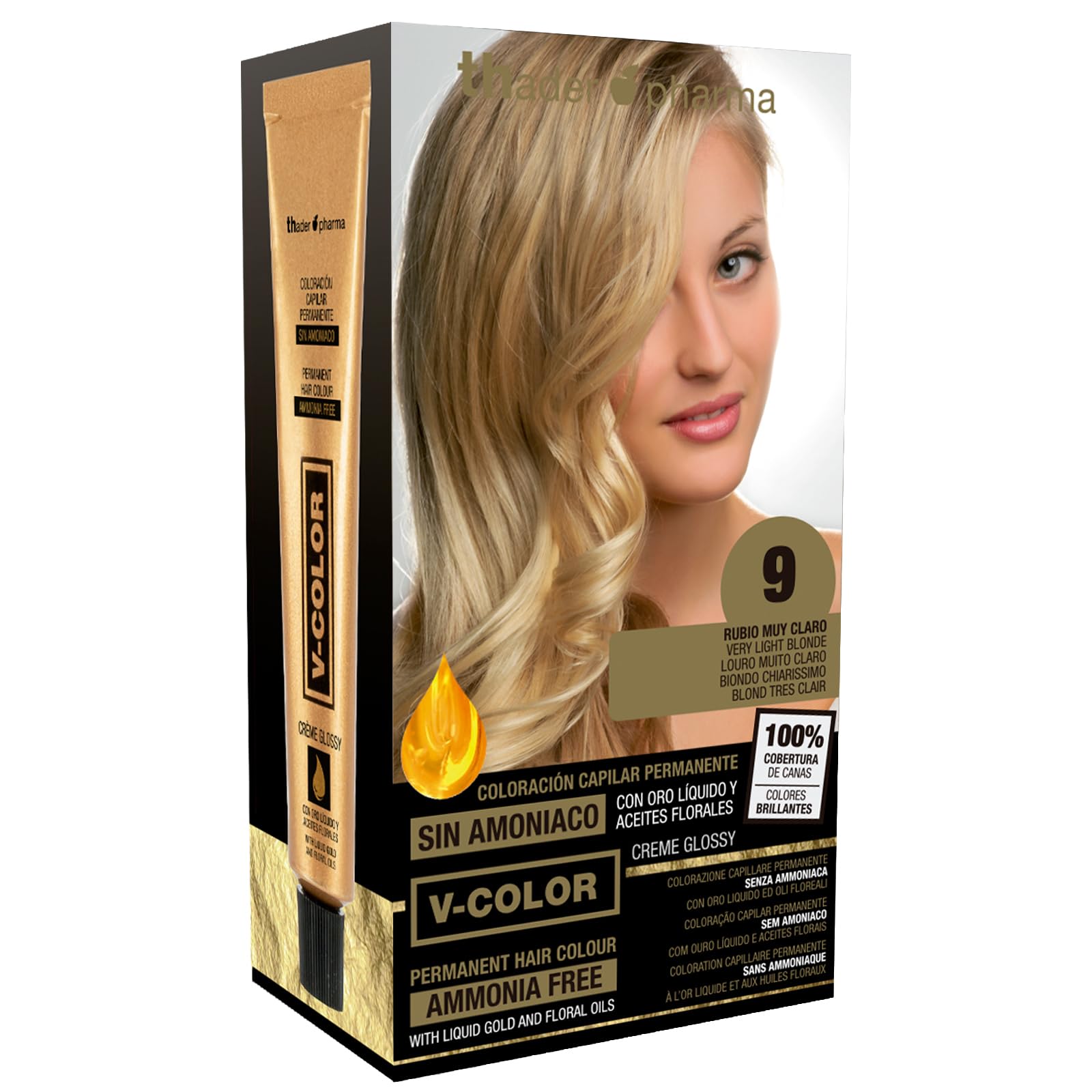 Thader Th Pharma V-Color Kit de Tinte permanente Sin Amoniaco con Oro Líquido 100% Cobertura de canas, 120 ml (No. 9 Rubio muy claro)