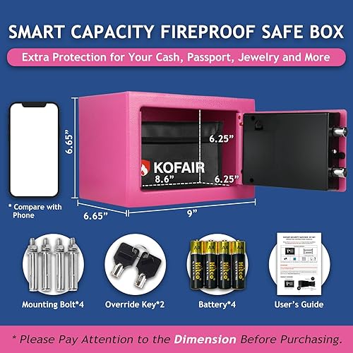 Miniatura 5 de Caja fuerte para el hogar (0.23 pies cúbicos) con bolsa ignífuga, personal para ahorrar dinero, mini seguridad con llave, seguridad digital con luz,