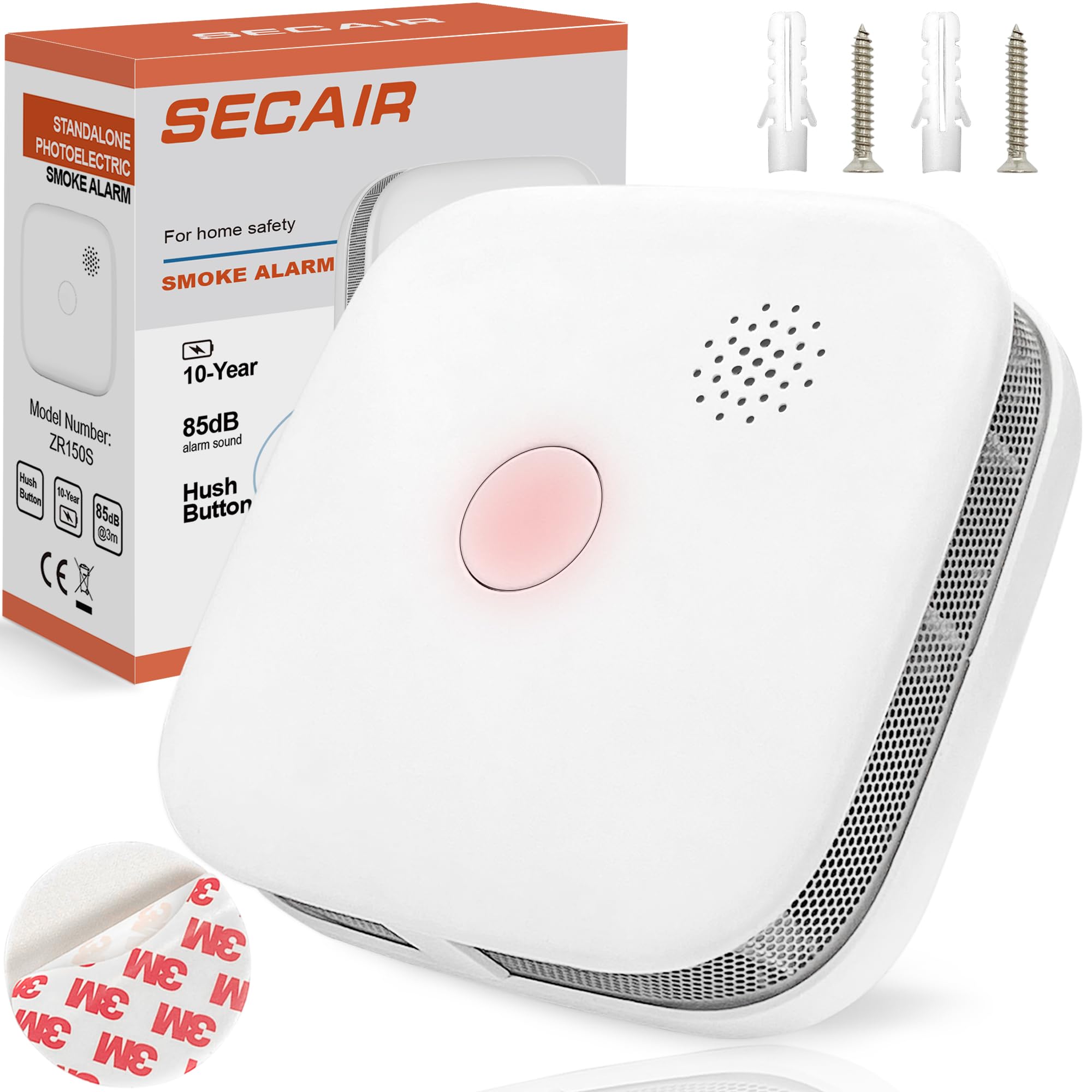 SECAIR Smoke Alarms for Home,Battery Operated with 10 Year Battery,Test/Silence Button,85 dB Smoke Alarm, Fire Alarms,Smoke Detector Conforms to EN 14604 Standard for Home,White Matt Finish