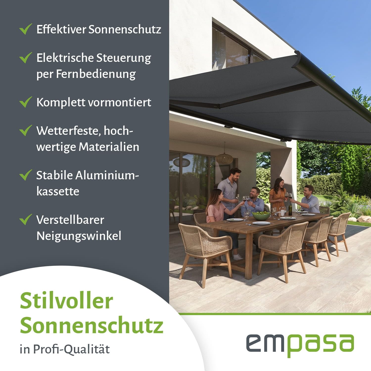 empasa elektrische Vollkassettenmarkise 'Profi' Kassettenmarkise | Gelenkarmmarkise Markise Sonnenmarkise Sonnenschutz komplett vormontiert, Farbe:anthrazit, Größe:3 x 2.5 m