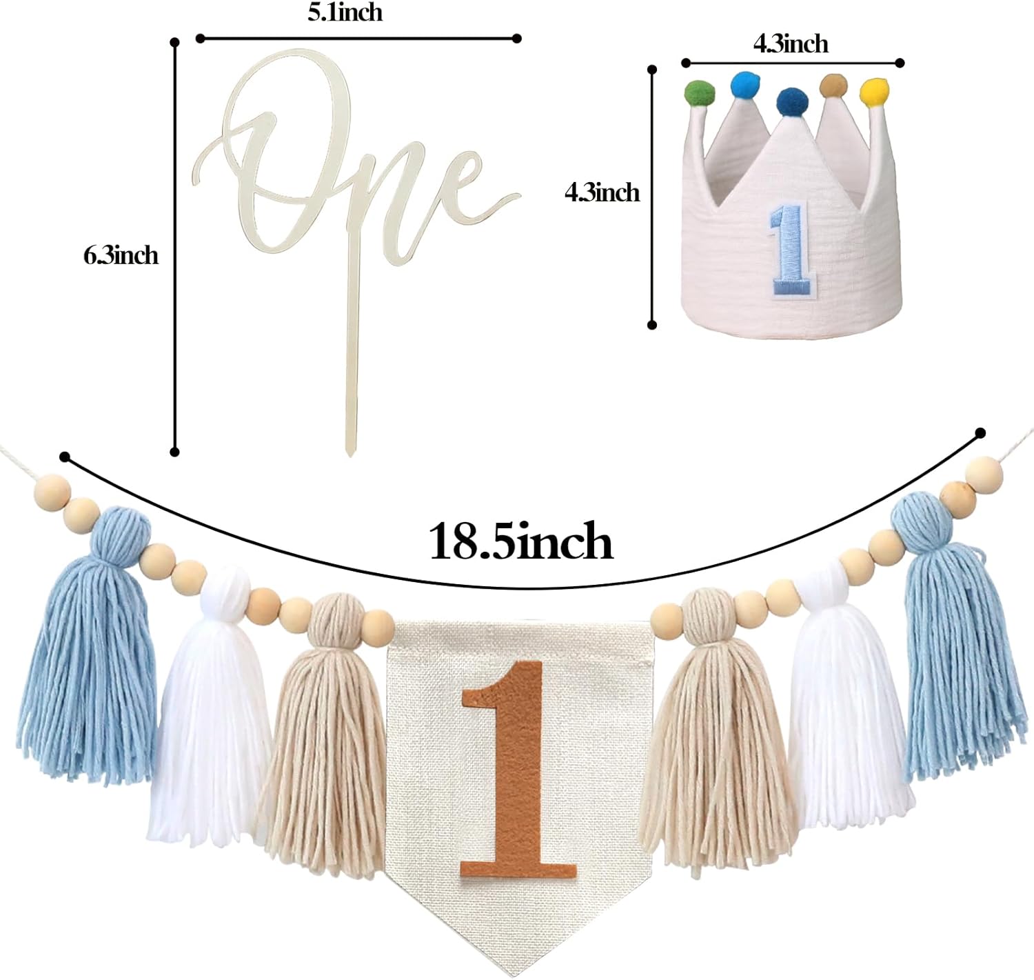 JUIIZAY First Birthday Decorations for Boy Blue High Chair Banner 1st Birthday Crown Cake Topper One Year Old Birthday Decoration