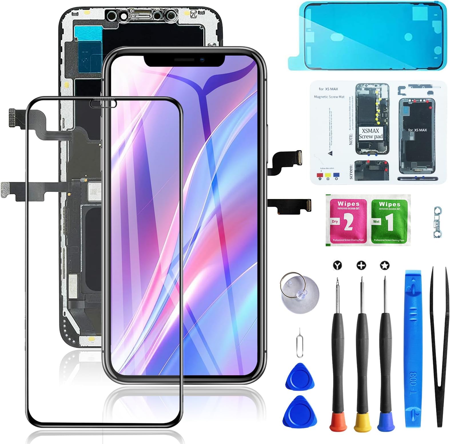 for iPhone Xs Max Screen Replacement 6.5 inch, Bsz4uov 3D Touch LCD Digitizer Replacement for A1921, A2101, A2102, A2103, A2104 with Repair Tools Kit+Screen Protector+Waterproof Frame Adhesive