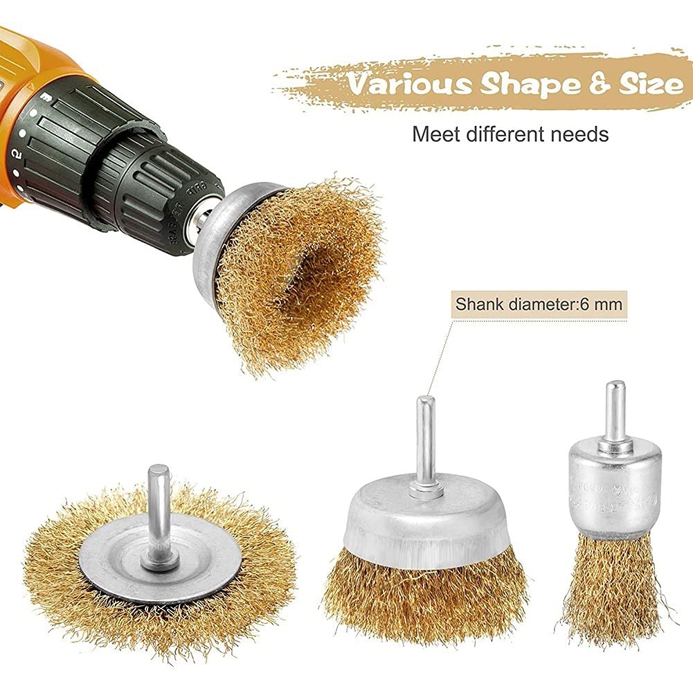 Szczotka druciana T-Shaped Brass Wire Brushes, for Drills Set,6 Pcs Brass-Plated Steel Cup W/ 6mm Dia Shank Polishing for Electric Attachment
