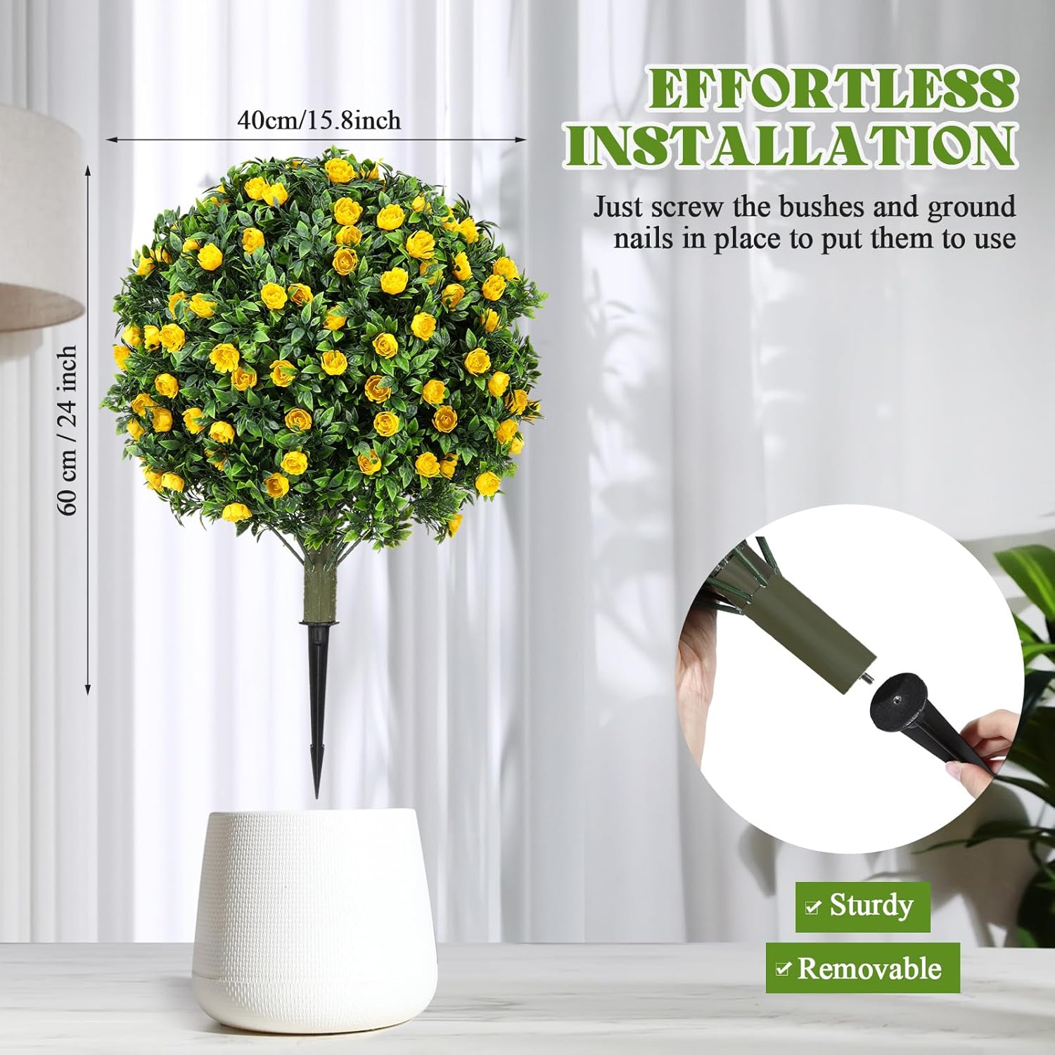 2 Pack 24" Artificial Topiary Ball Trees with Flowers, Outdoor Fake Topiary with Ground Spike, UV Resistant Faux Bushes Plants for Indoor Outdoor Front Door Decor (Yellow,Rose) - Image 2