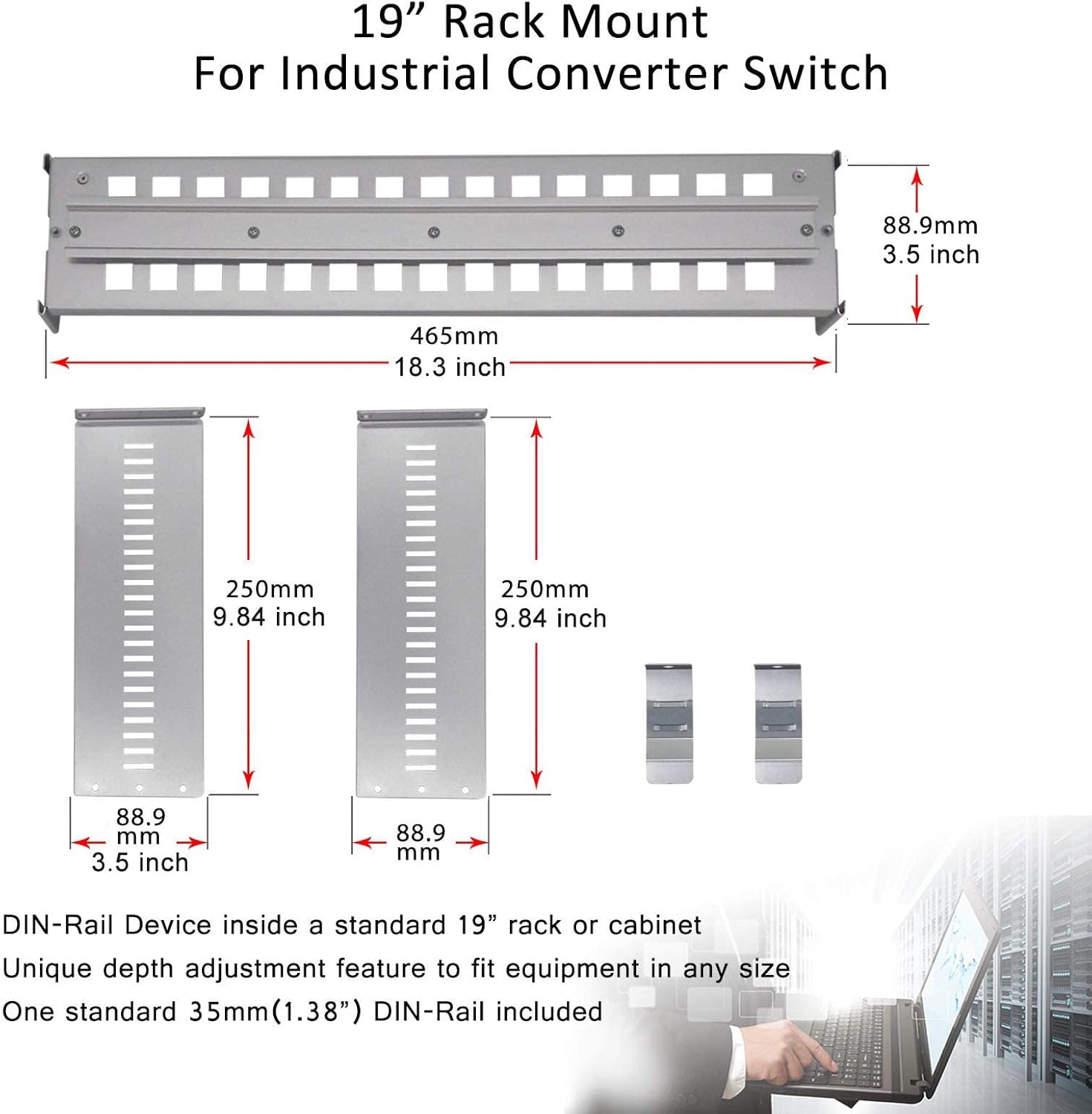 E-link 2U 19inch Adjustable Rack Mount Din Rail Chassis 35mm 19" Rackmount Din Rail Bracket, Easiest Way to Install Din Rail Mount Devices Like Industrial Media Converter in Cabine(Sliver)
