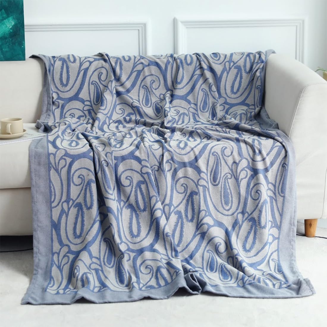 Fennco Styles Modern Paisley Knit Throw Blanket 50" W x 60" L – Blue Bohemian Lightweight Blanket for Indoor Outdoor, Couch, Bedroom, Living Room and Office Décor