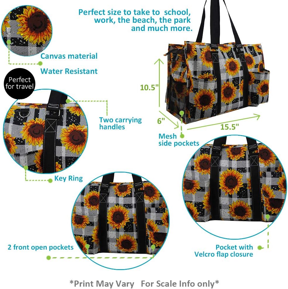 NGIL Utility Water Resistant Tote Bag, Top Zipper Closure, Perfect Gifts for Working Women, Nurses, Gym bag (Plaid Sunflower-black)