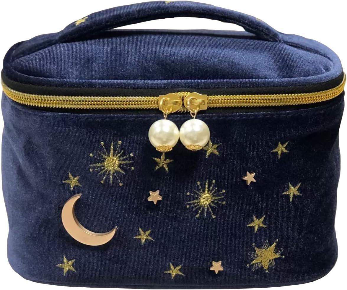 Women Navy Velvet Embroidery Cosmetic Makeup Bag, Applique Moon Stars Pattern Make Up Bag, High Capacity Toiletry Pouch Clutch Bag for Travel (Navy B)