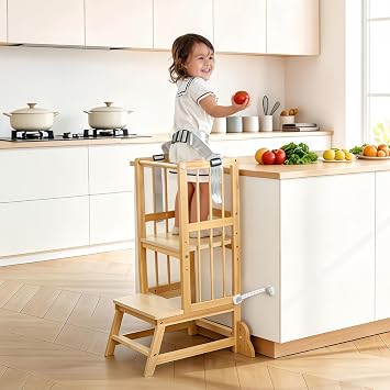 Toddler Step Stool for Toddlers, Kids Tower with Removable Safety Railing | Adjustable Height Childrens Wooden Kitchen Stool for Learning Ages 18 Month to 3 Years