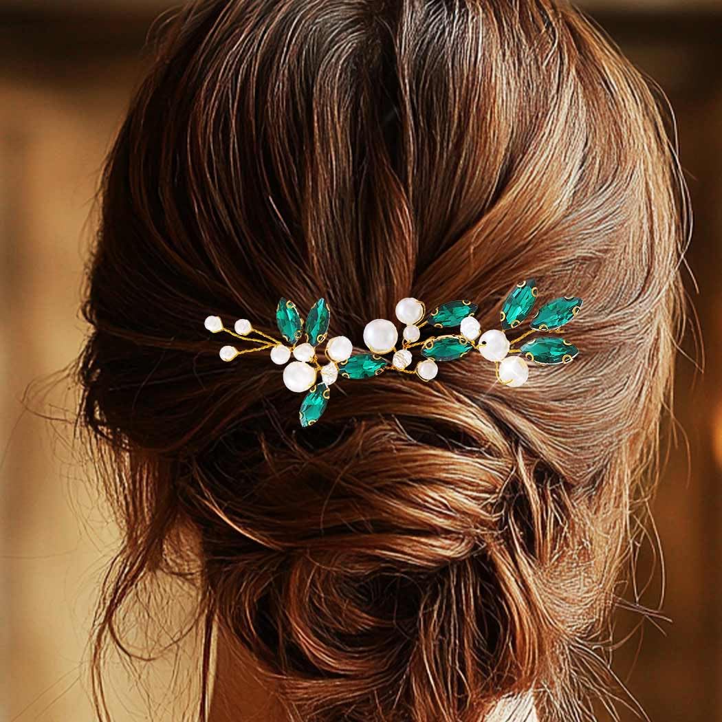 CASDRE Pearl Bride Wedding Hair Pins Gold Crystal Hair Pieces Prom Hair Accessories for Women (Gold Plated-Green) - Image 3