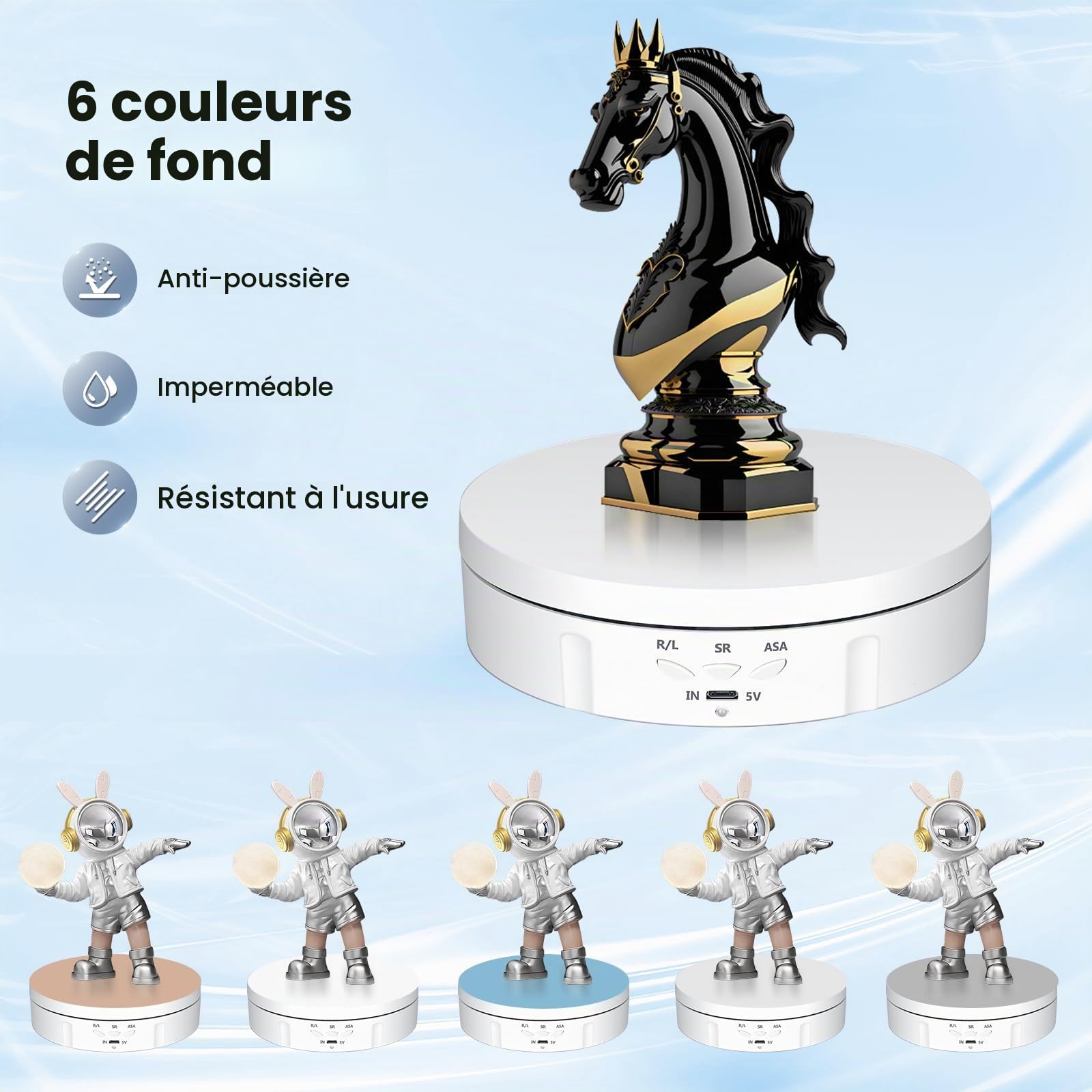 Plateau Tournant Electrique, Direction et Vitesse à 360 Degrés Réglables Tournante Rotative Électrique, Charge de 10KG Automatique Support Rotatif Motorisé Rechargeable avec 5 Panneaux de Fond