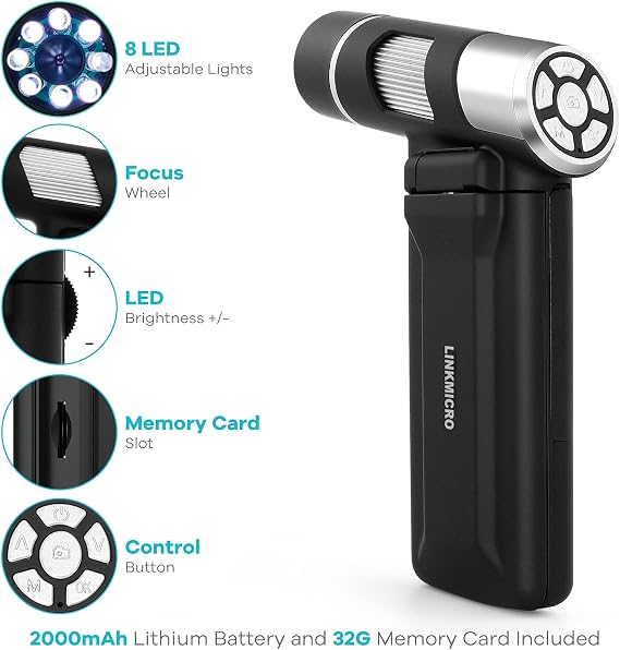 LM203 Digital Microscope Handheld with 4 Screen, Portable Microscope Camera for Adults, 200X USB Coin Magnifier with 8 LED Lights, Microscope Kit for Kids 8-12, 1080P Photo Video, 32G