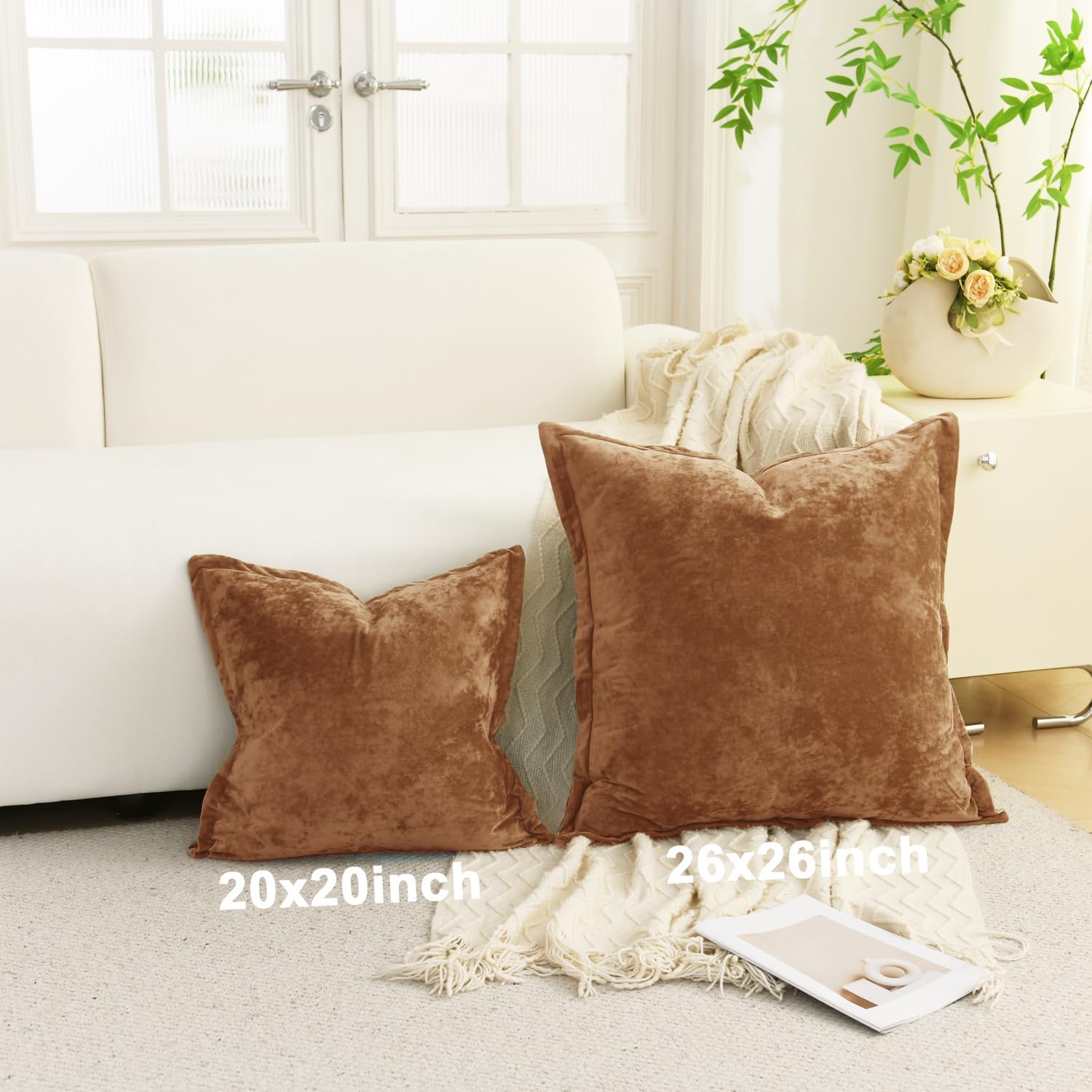 Greek Velvet Throw Pillow Covers Set of 2 20x20 Luxury Soft Solid Pillow Covers for Living Room Bedroom Yard,Caramel
