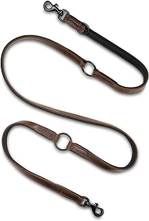 Tamy - Correa de piel para perros (2,0 m, piel de búfalo y neopreno, mosquetón negro de acero inoxidable, ajustable, color marrón oscuro)