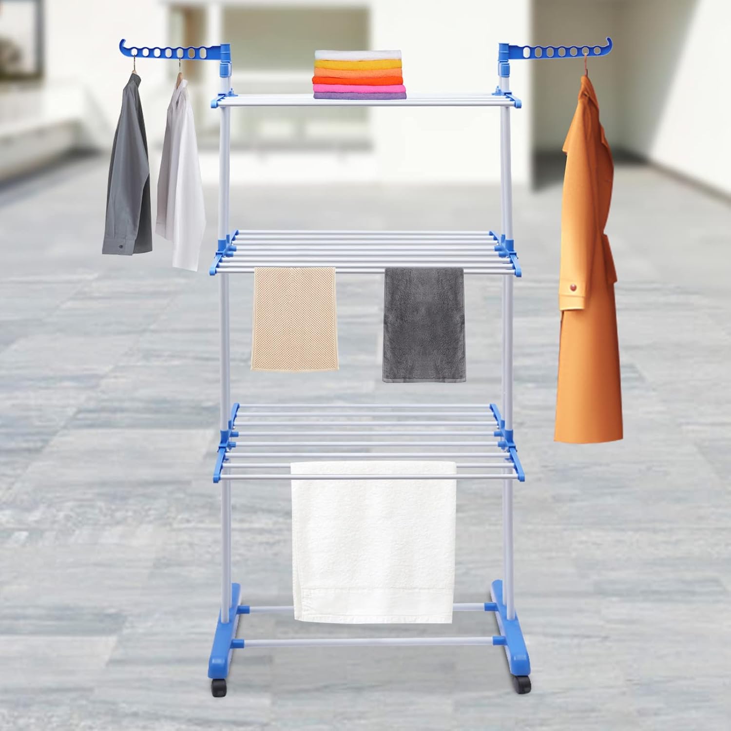 Clothes Drying Rack Stand 4-Tier,Foldable Laundry Drying Rack 67.7'' Tall,Stainless Steel Rolling Clothes Horses Dryer Rack, Easy to Assemble,Space Saving Free-Standing Laundry Stand (Blue)