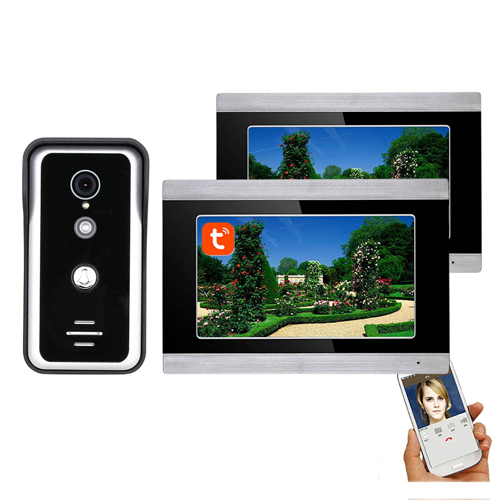 7-calowy system wideodomofonowy Wifi, dzwonek wideo, zewnętrzna kamera noktowizyjna + 2 monitory LCD, odblokowanie APP Tuya, domofon