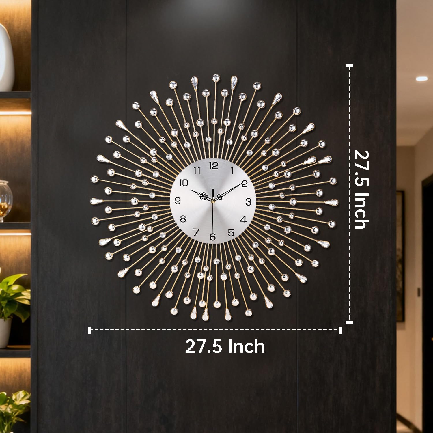SIN&MI Wall Clock for Living Room Decor Non-Ticking Quiet Metal Quartz Clocks Modern Dial Bling Big Crystal Wall Clocks for Home Kitchen Bedroom Indoor Decorative/ 27.5 Inch