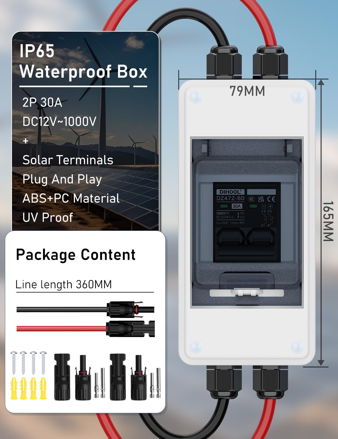 DIHOOL Solar PV DC Isolator Switch 32A DC 1200V Breaker Disconnect Switch With Pre-wired Solar Connectors IP66 Waterproof