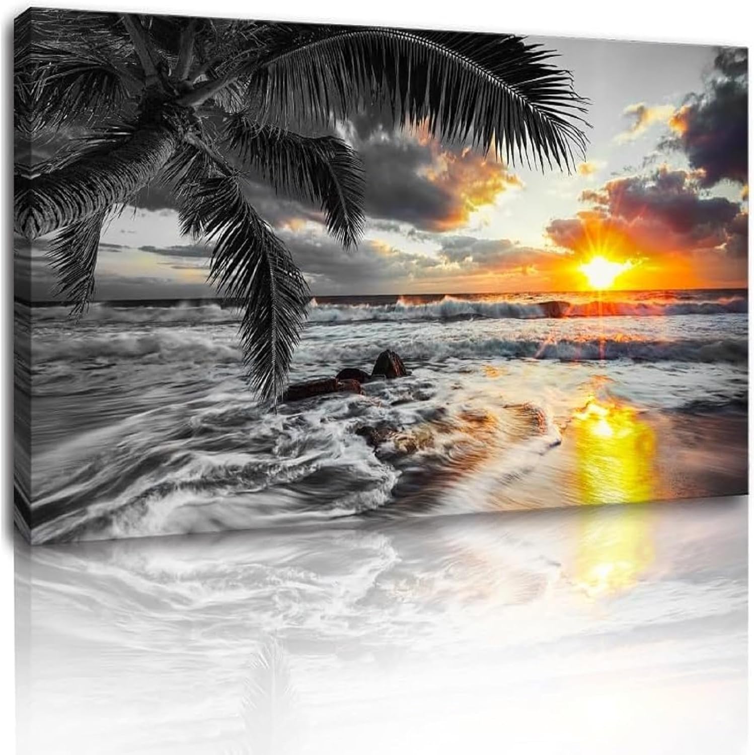 Yxbhhym-Beach Wall Art Black and White Ocean Pictures for Walls Sunrise Seascape Scenery Canvas Print Sunset Painting Palm Poster Sea Wave Artwork for Living Room Wall Art Bedroom Office Wall Décor