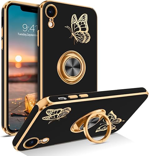 BENTOBEN Funda para iPhone XR, funda para teléfono iPhone XR, ajuste delgado, diseño de mariposa dorada, soporte de anillo de soporte de soporte de