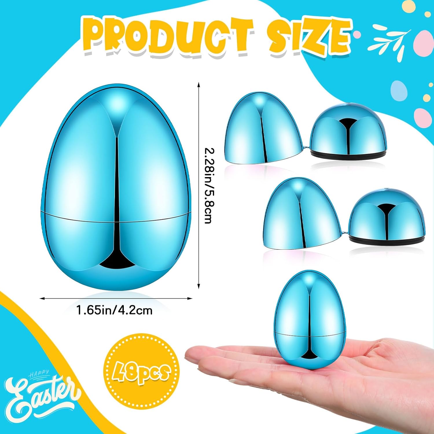 48 Pcs Easter Eggs Metallic 2.28 x 1.65 Inch Empty Eggs Fillable Easter Eggs Empty Plastic Easter Eggs for Easter Hunt Easter Party Favors (Blue)