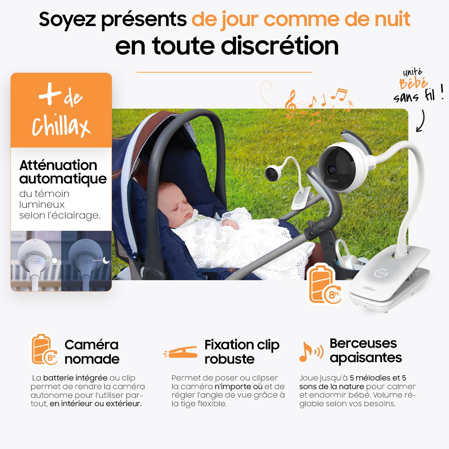 CHILLAX - Babyphone Camera Giraffe Clip Portable - Écran LCD HD 5'' - Caméra sans Fil Full HD 1080p -Tige Flexible - Vision Nocturne - Talkie-Walkie - WiFi on/Off - Alerte Son & Mouvement - avec App