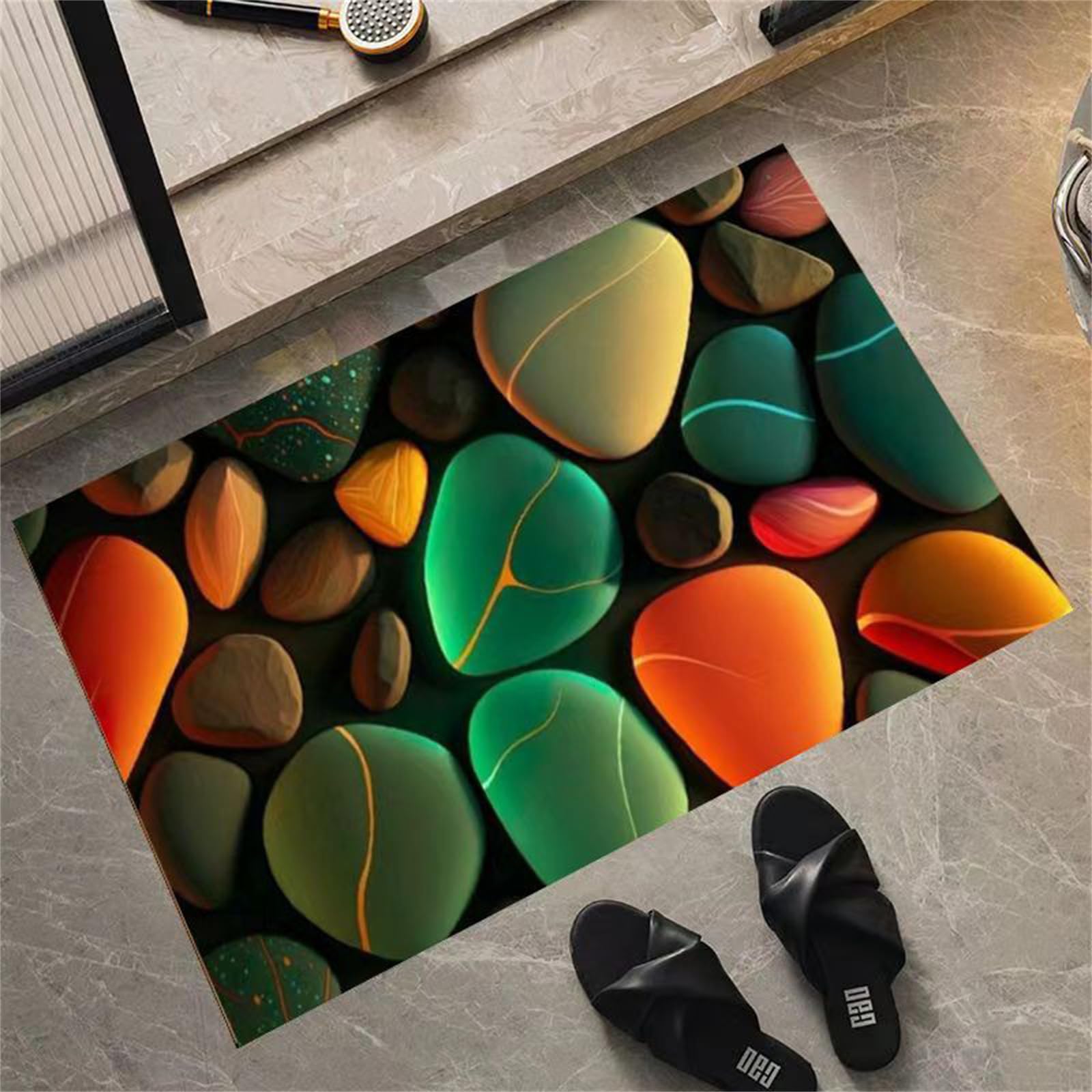 Stone Bath Mat Quick Dry Diatomaceous Earth Bath Mat Non Slip Bathroom Mat Checkerboard Geometric Motifs Diatomite Shower Mat,Super Absorbent Carpet for Kitchen Bathtub