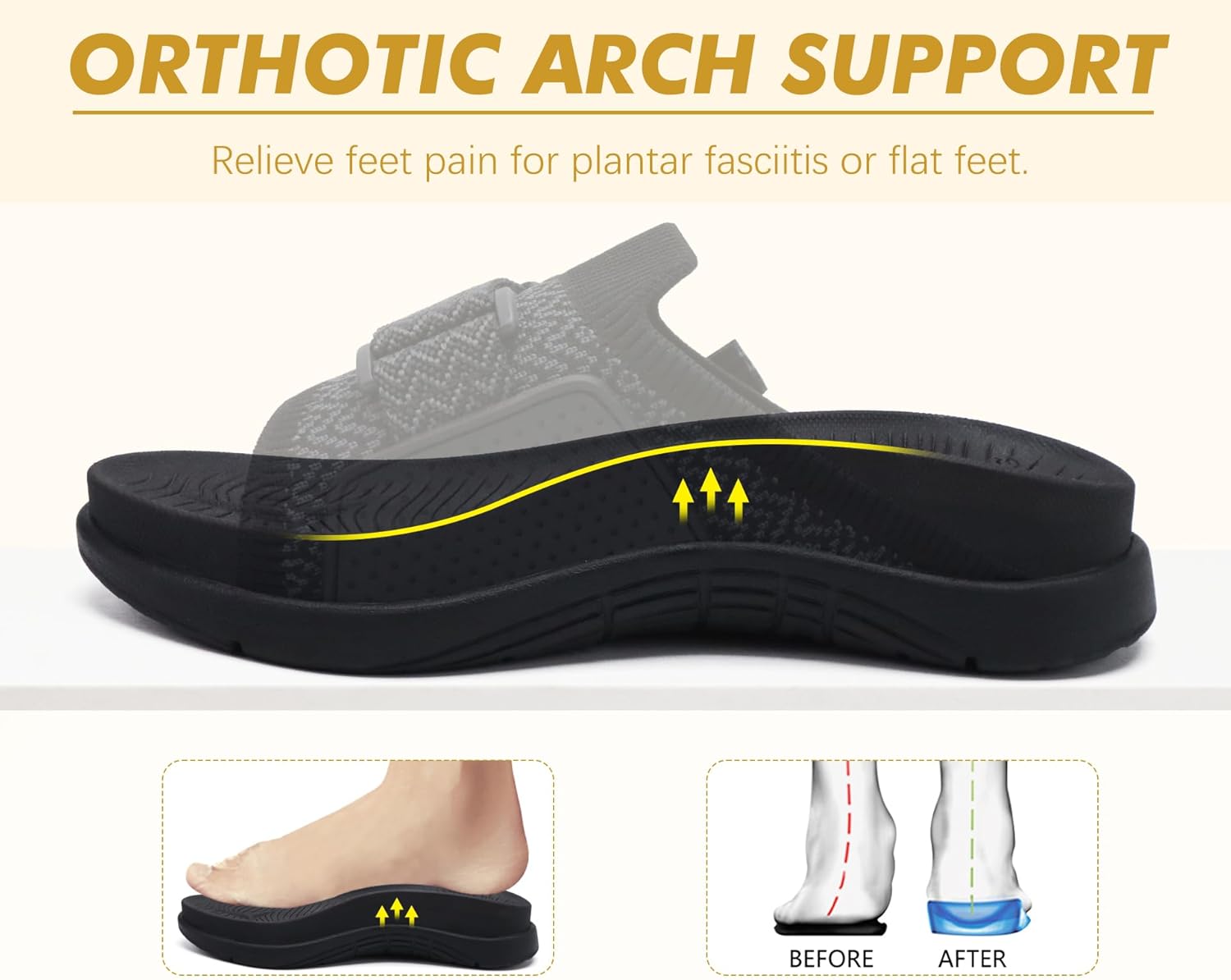 COFACE Women’s Orthotic Sandals Comfortable Plantar Fasciitis Arch Support Sandal Slippers Ladies Fashion Fabric Kint Slides Sandals with Lightweight Athletic Soft Cushion Footbed (US Size 5-11) - Image 3