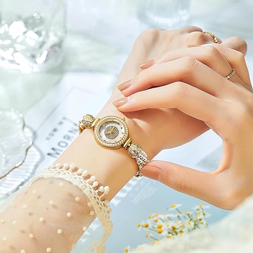 Miniatura 4 de Reloj de pulsera de oro para mujer, correa de cadena de perlas giratoria, esfera deslumbrante, impermeable, regalo para mujer R0262JB