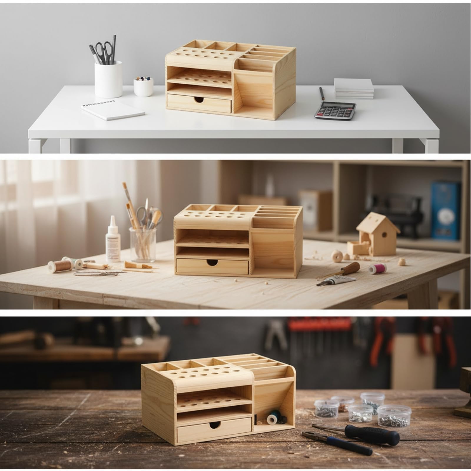 predolo Organizador Escritorio Pino con Cajón Extraíble Ahorra Espacio Caja Organizadora Rectangular Maciza
