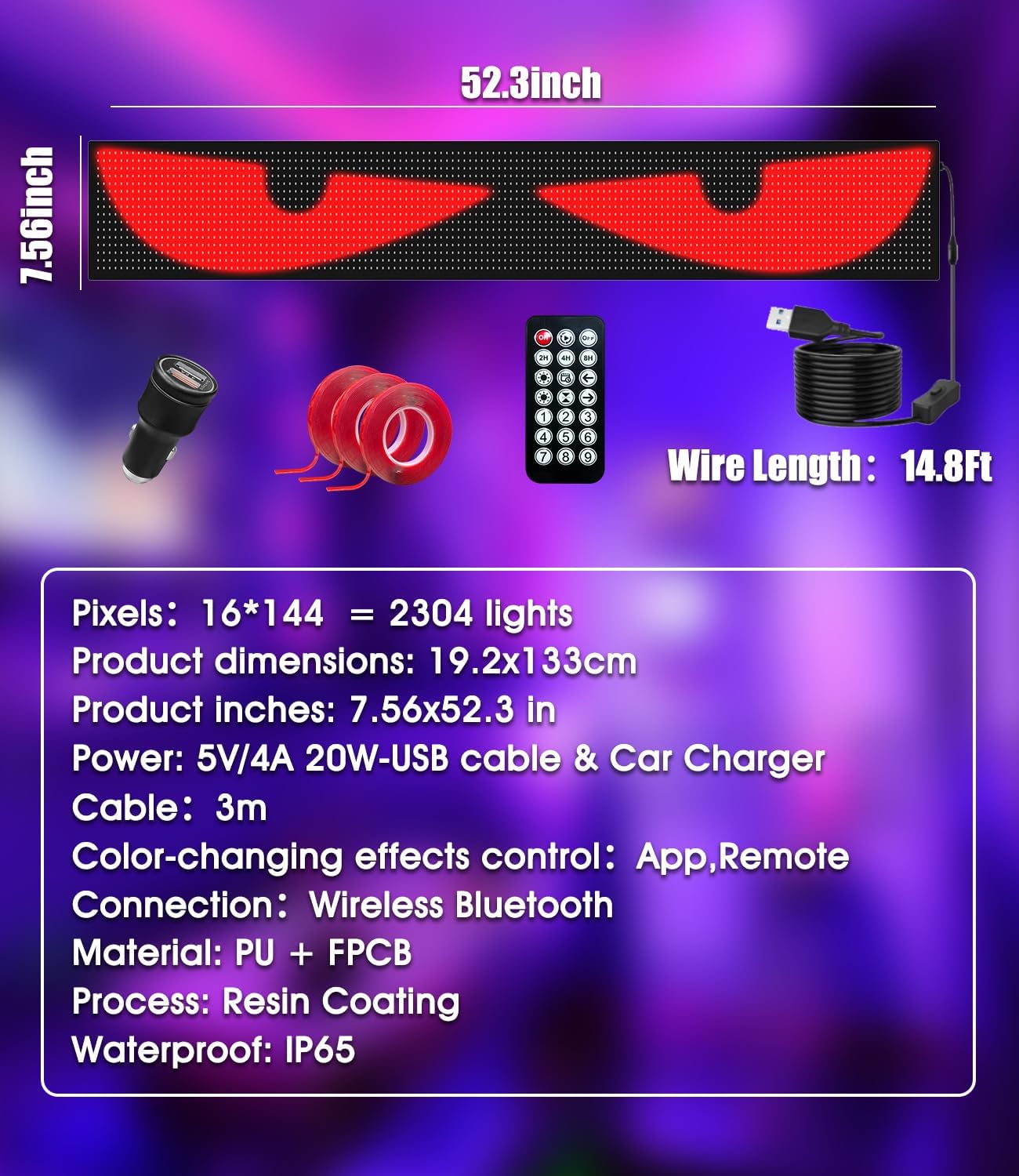 LED Devil Eyes for Truck Windshield, Extra-Large 52.3"x7.5" 1Pcs Eye Animated Light with DIY Text Flexible Soft Screen, Trucks Charger, Remote & APP Control